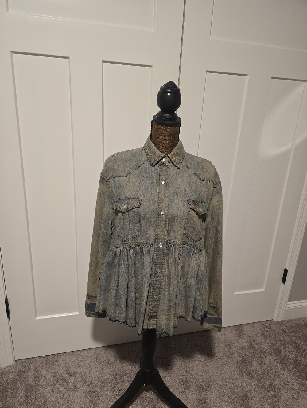 We The Free Faded Blue Washed Denim Peplum Jacket